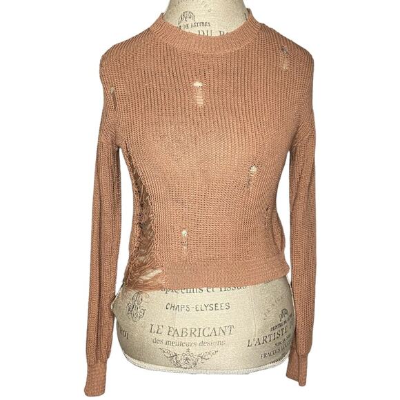 Fashion Nova Distressed Knit Crewneck Sweater In Tan Women’s Size Medium / Large - Picture 1 of 8